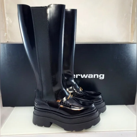NWT$995 Alexander Wang Carter Black Patent Leather Platform Tall Boots Sz 38 - Picture 10 of 16